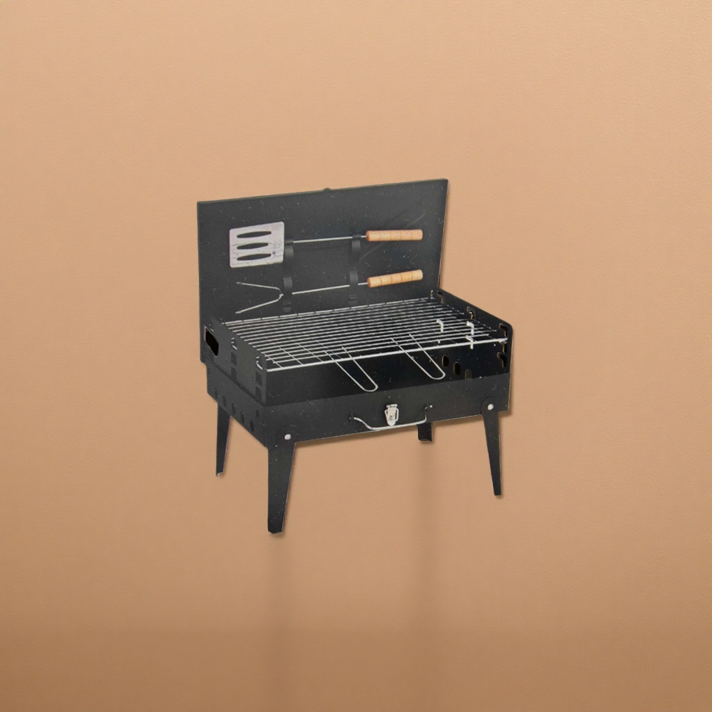 The black portable grill comes with a rack for grilling tools and four legs details Picture