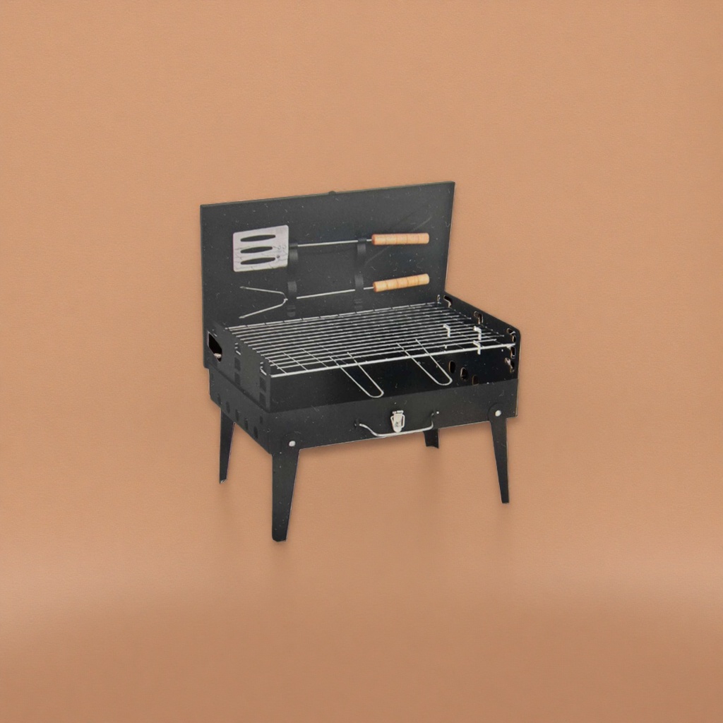 The black portable grill comes with a rack for grilling tools and four legs Specification image