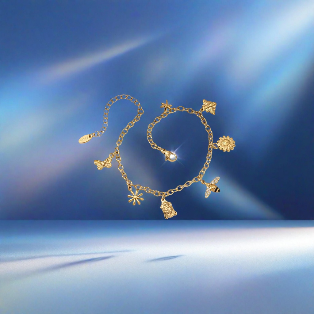 金色链条手链 蝴蝶蜜蜂雏菊小熊 charms 白色圆形底座