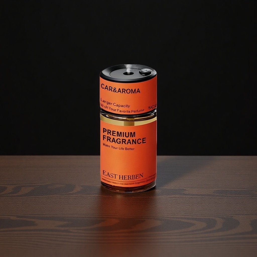 橙色圆柱车载香薰喷雾瓶 黑色盖子 CAR&AROMA EAST HERBEN PREMIUM FRAGRANCE