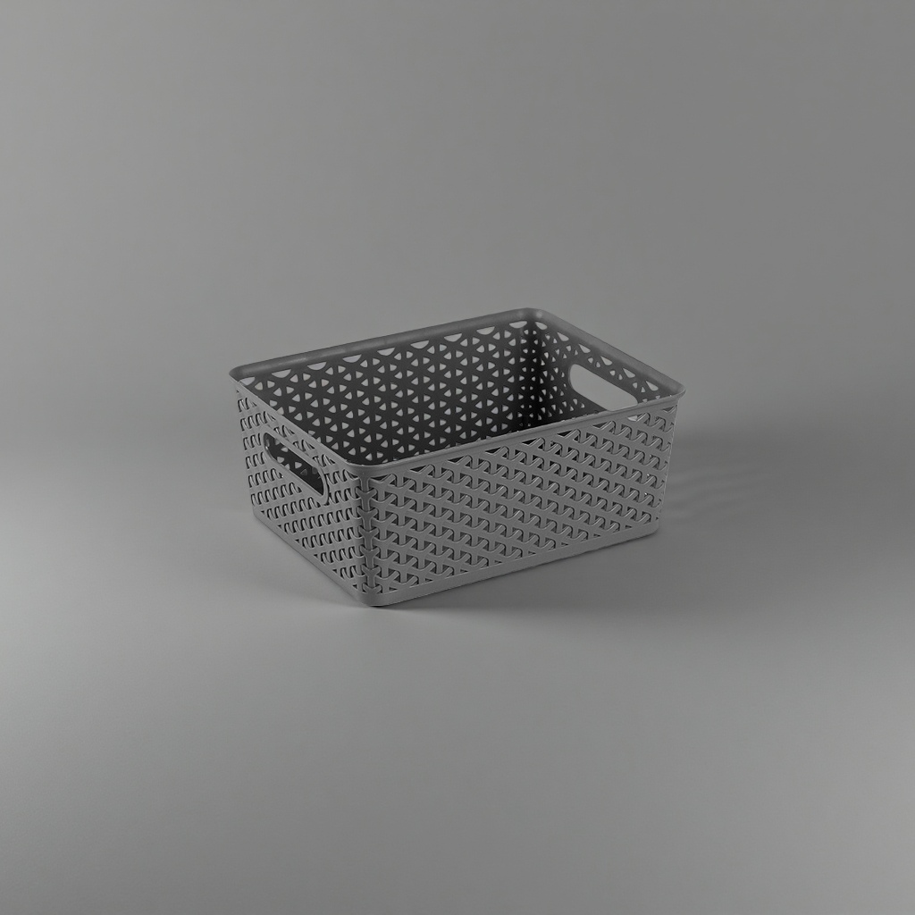 Grey hollowed-out plastic storage basket, household organizing basket, kitchen and bathroom storage basket details Picture