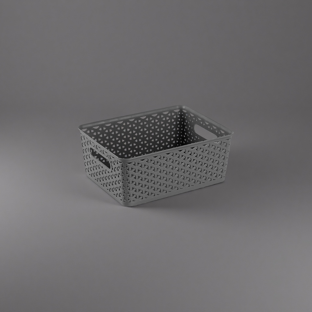 Grey hollowed-out plastic storage basket, household organizing basket, kitchen and bathroom storage basket Application Scenario
