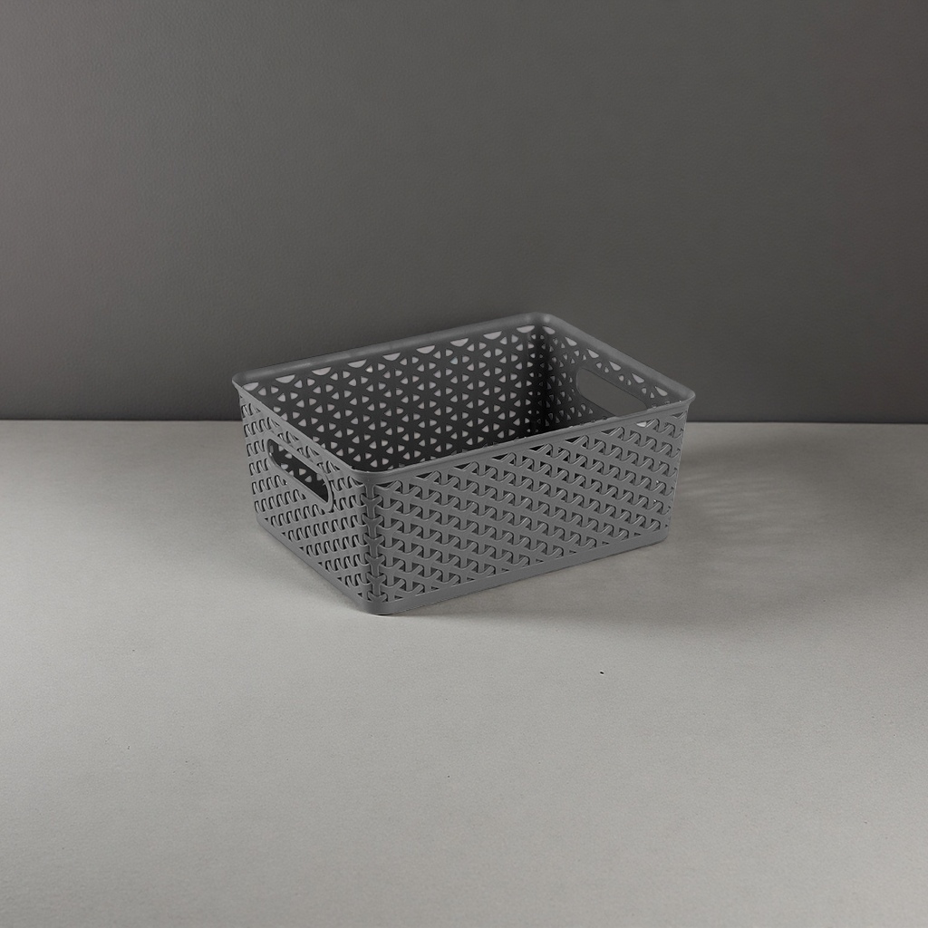 Grey hollowed-out plastic storage basket, household organizing basket, kitchen and bathroom storage basket