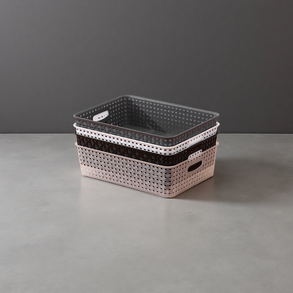 The grey hollowed-out storage basket can be stacked and combined in multiple layers for home organization and storage