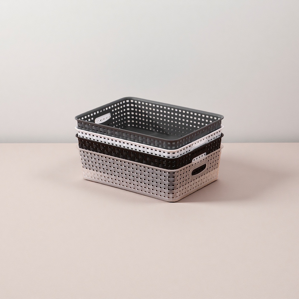 The grey hollowed-out storage basket can be stacked and combined in multiple layers for home organization and storage Application Scenario