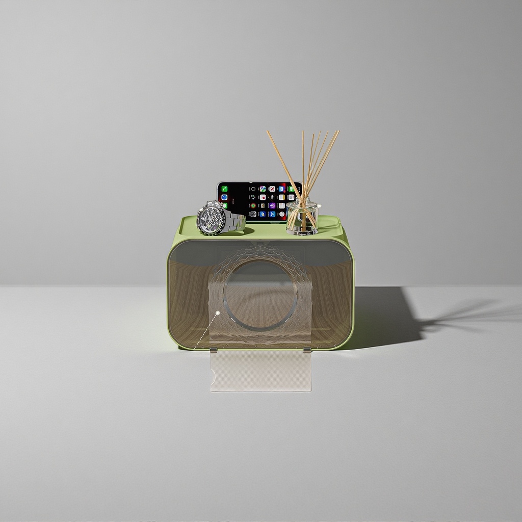 Green wall-mounted tissue box for bathroom, kitchen and home use, simple storage without drilling Application Scenario