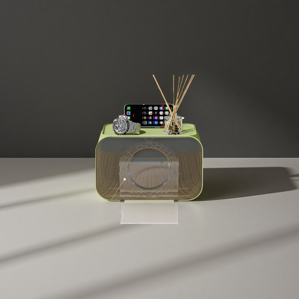 Green wall-mounted tissue box for bathroom, kitchen and home use, simple storage without drilling