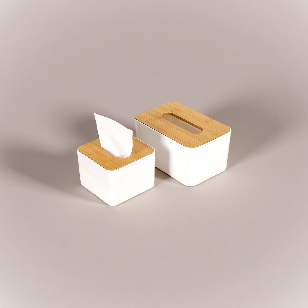 White tissue box with wooden lid, simple Nordic-style desktop storage for living room and bedroom details Picture
