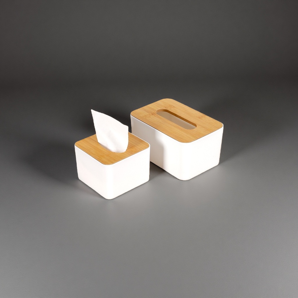 White tissue box with wooden lid, simple Nordic-style desktop storage for living room and bedroom