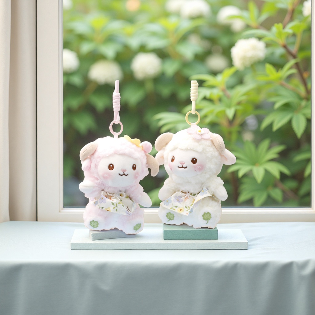 A cute and adorable pink and white plush little lamb pendant for car bags Specification image