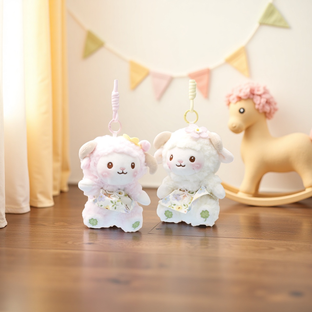 A cute and adorable pink and white plush little lamb pendant for car bags details Picture