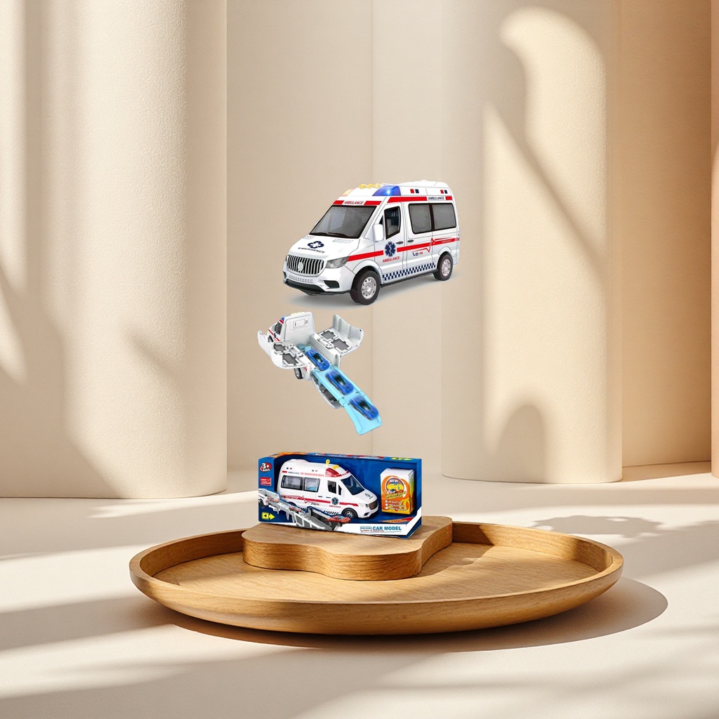 The white ambulance model car with a red striped medical star-shaped logo can be launched from the vehicle compartment Application Scenario