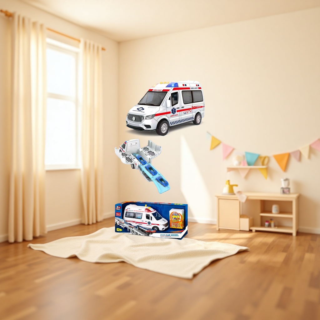 The white ambulance model car with a red striped medical star-shaped logo can be launched from the vehicle compartment details Picture