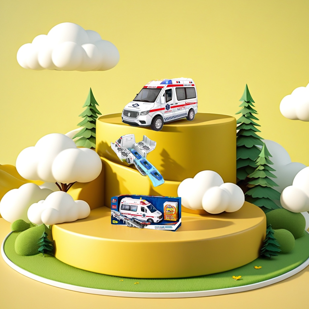 The white ambulance model car with a red striped medical star-shaped logo can be launched from the vehicle compartment Specification image