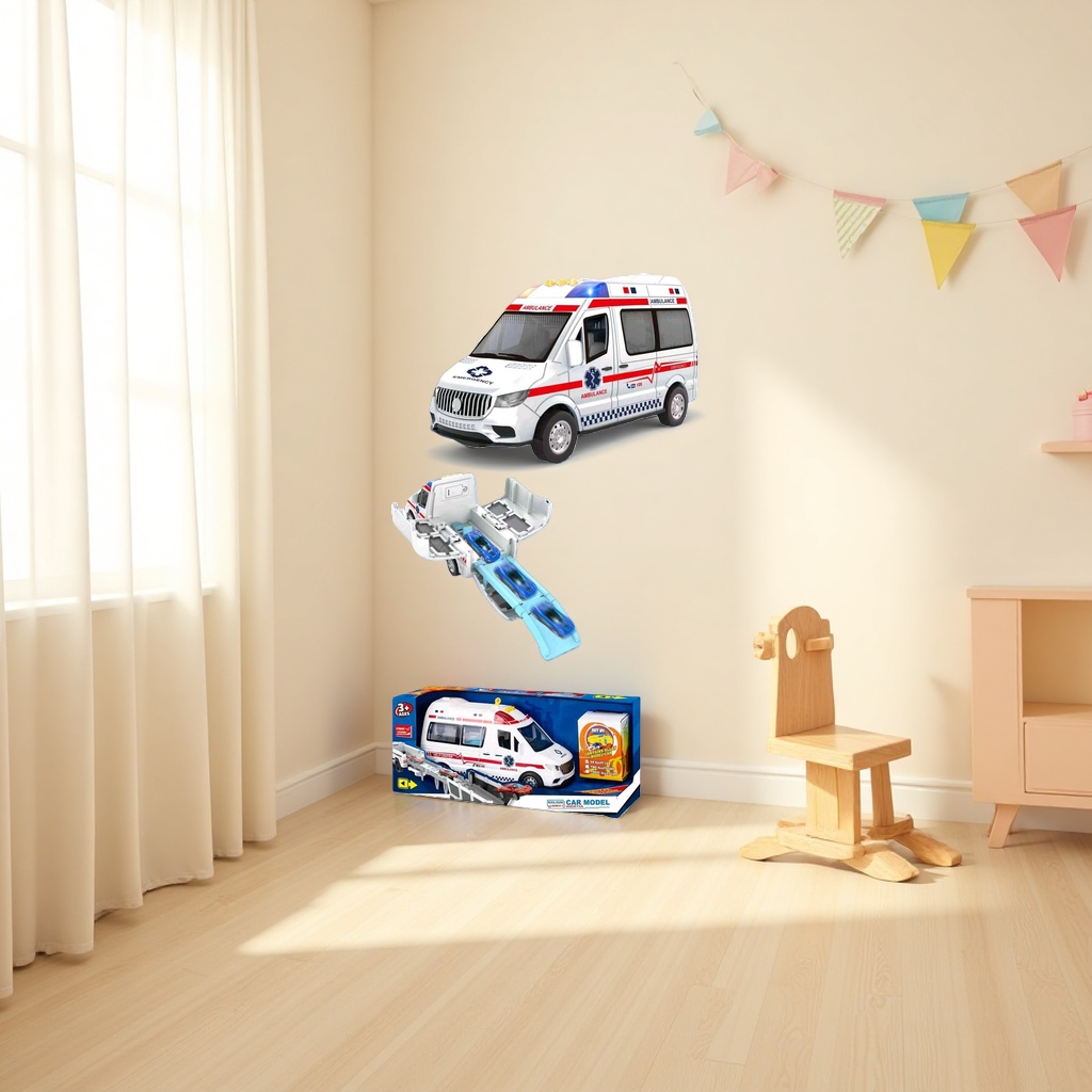 The white ambulance model car with a red striped medical star-shaped logo can be launched from the vehicle compartment