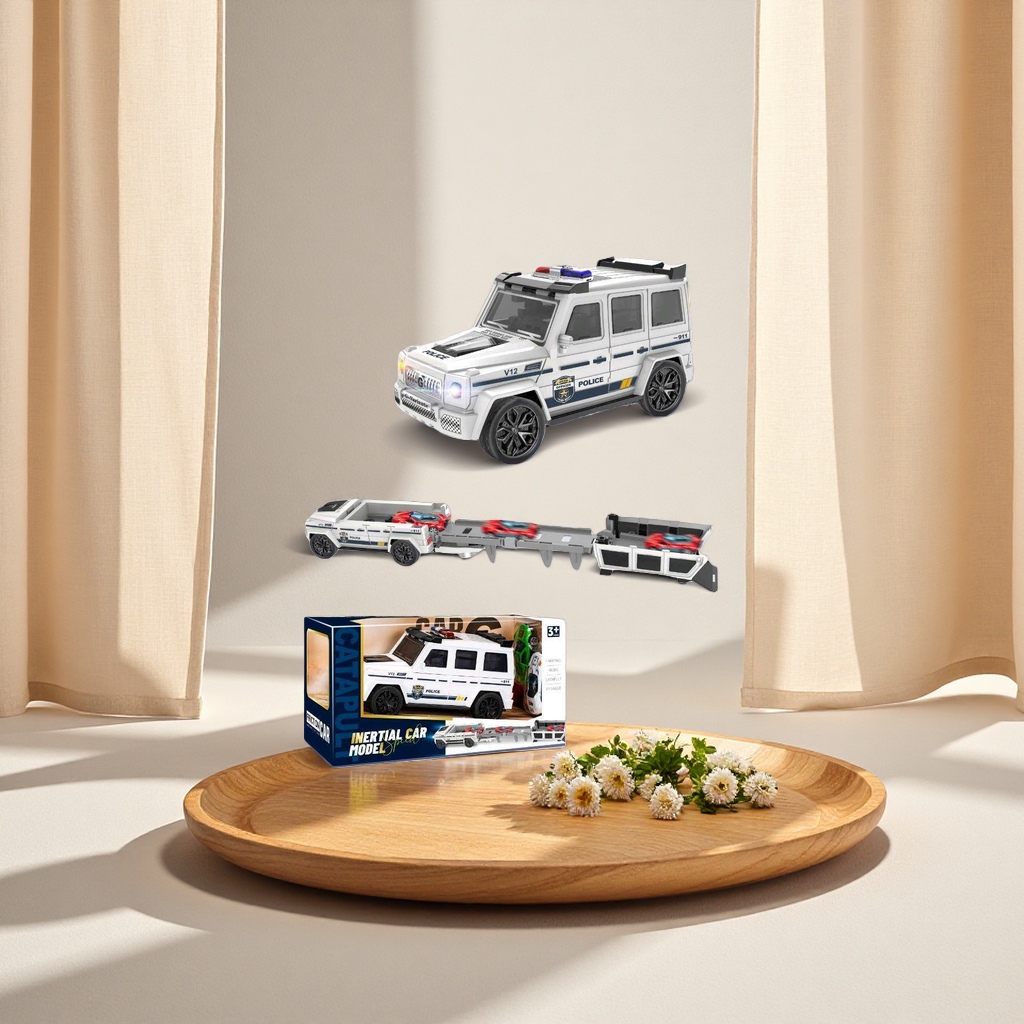 White police car model, metal alloy simulation toy car, collectible decorative item Application Scenario