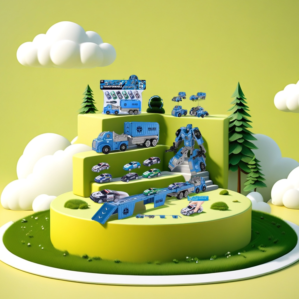 Blue transformable police car toy set, movable transformable educational toys for children and boys