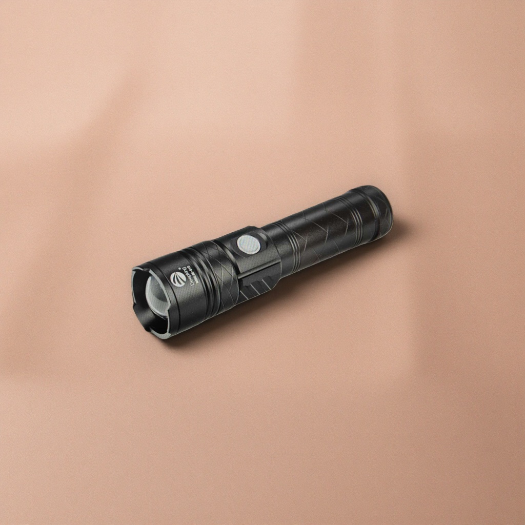 The black metal high-intensity rechargeable flashlight features high brightness, long range, long-lasting battery life, portability and durability details Picture