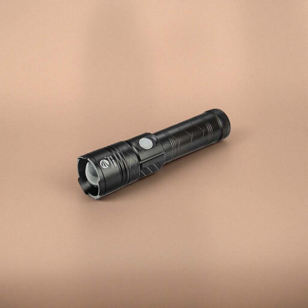 The black metal high-intensity rechargeable flashlight features high brightness, long range, long-lasting battery life, portability and durability Specification image