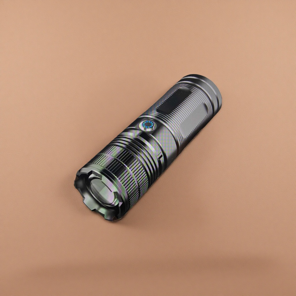 Black patterned flashlight, strong light, waterproof, portable rechargeable LED lighting tool details Picture