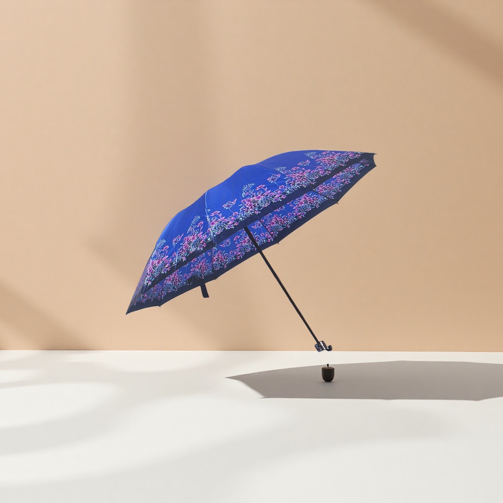Azul floral patrón soleado y lluvioso paraguas de doble uso impermeable y protector solar ligero paraguas plegable para mujeres