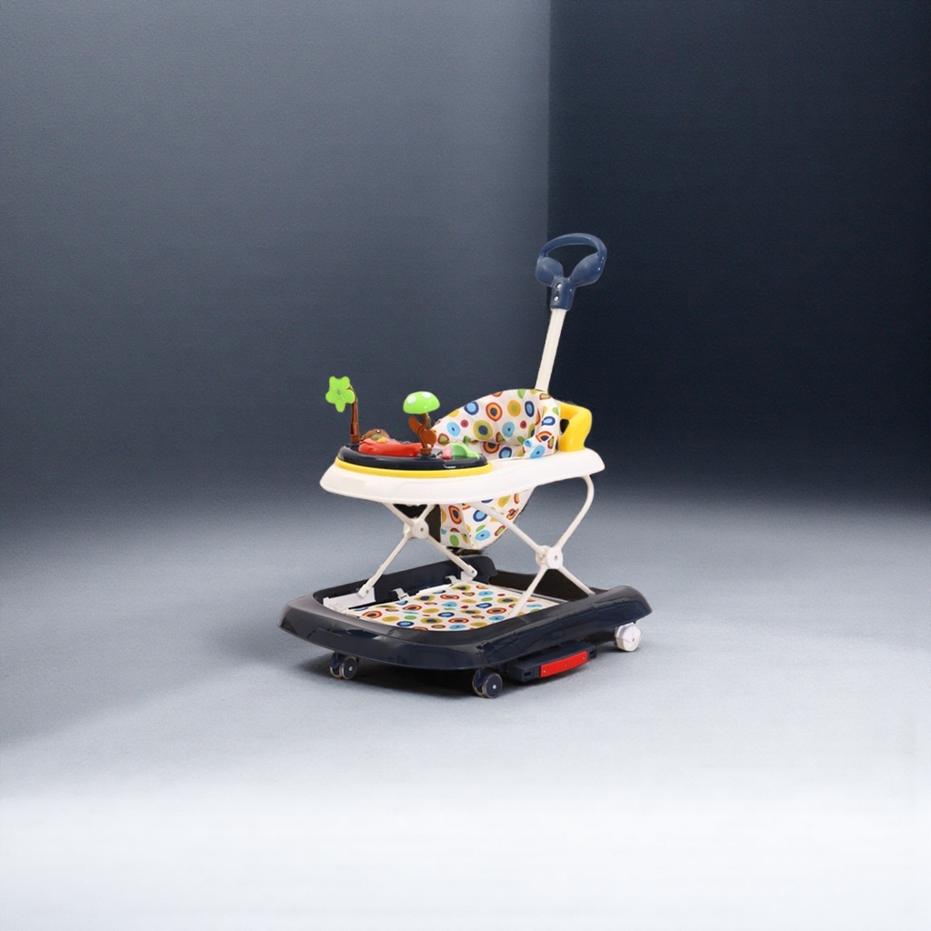 The colorful patterned baby walker is safe, stable, foldable and equipped with musical handrails