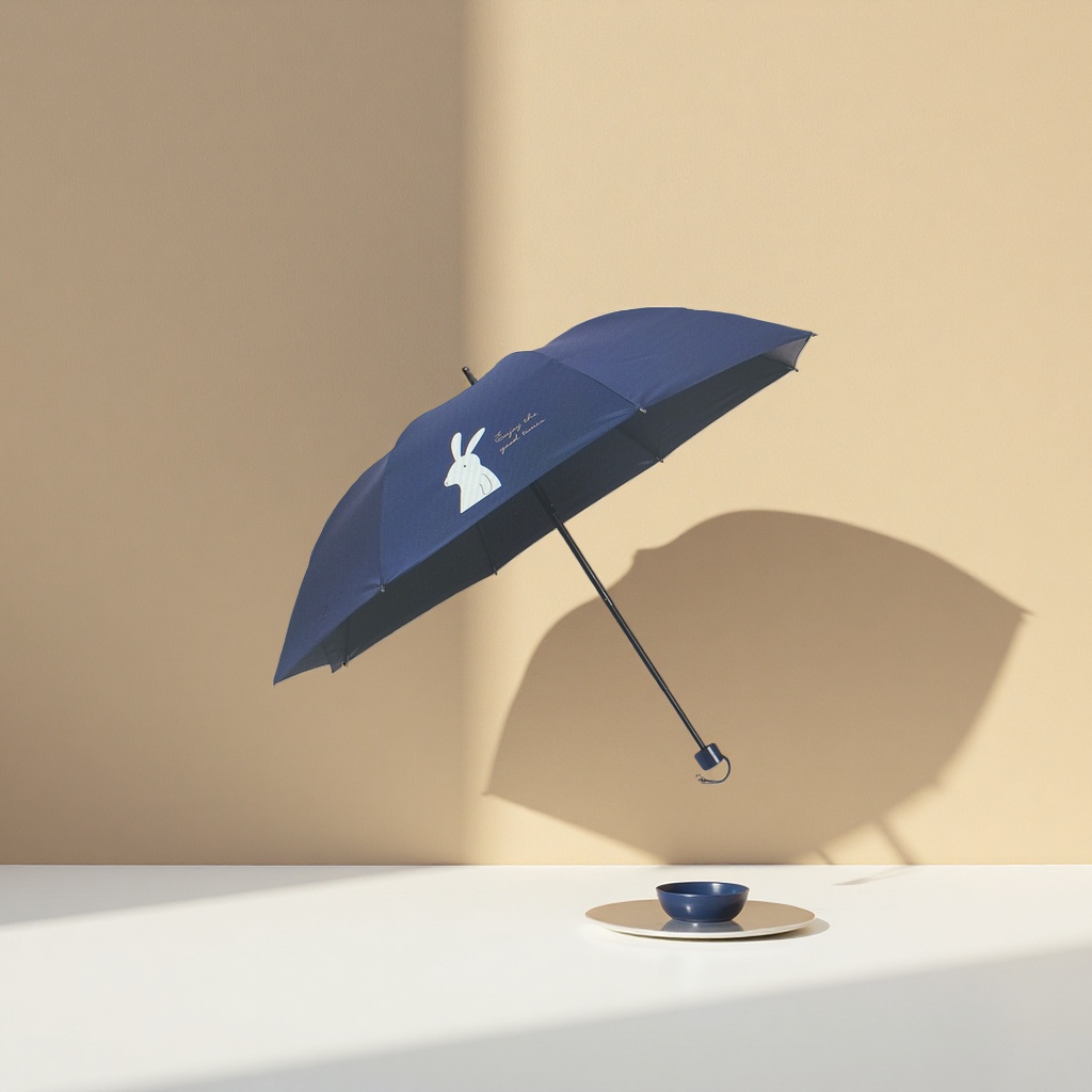 Azul oscuro soleado lluvia paraguas de doble uso paraguas frente conejo blanco patrón Enjoy the good times Specification image