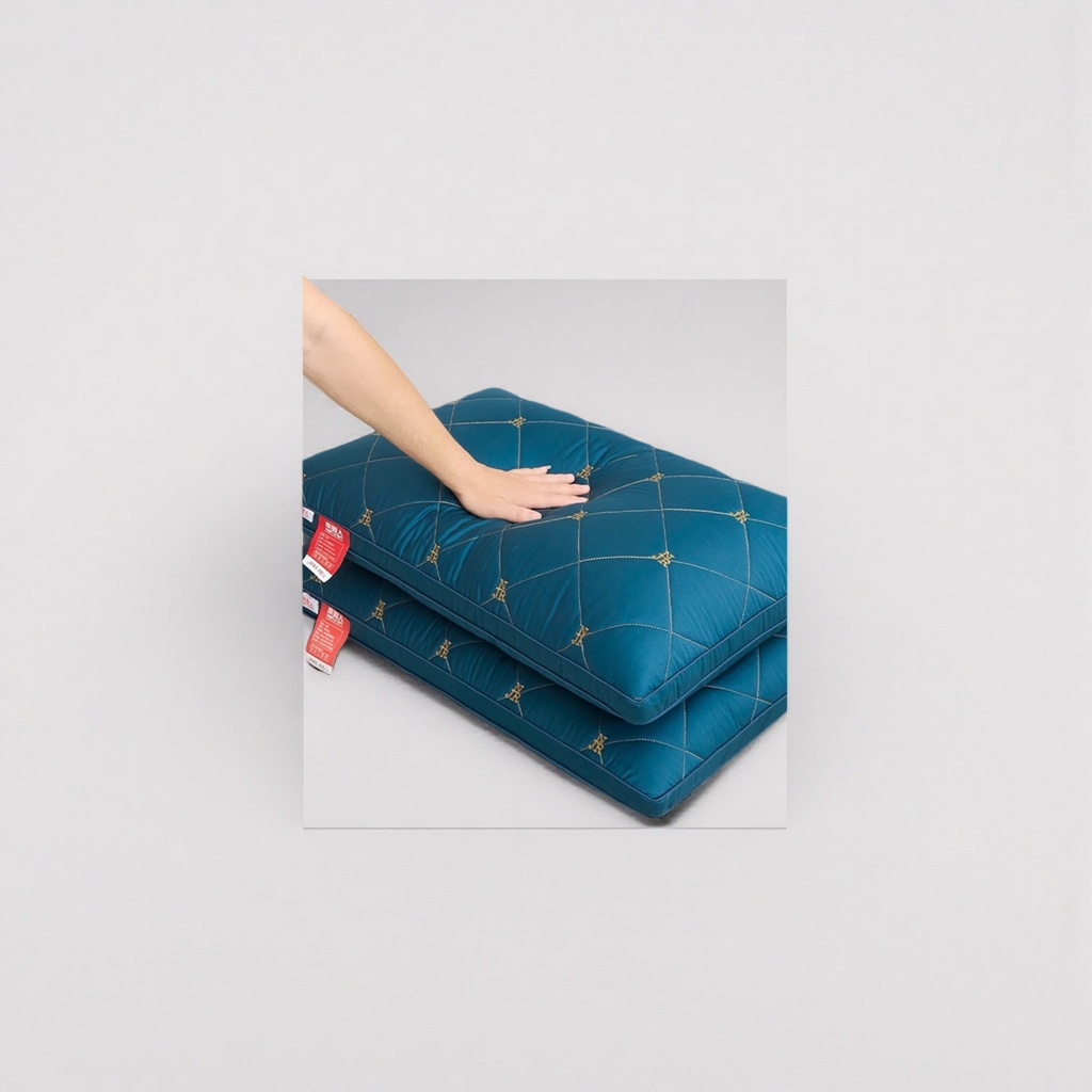 The deep blue diamond-patterned high-elastic and fluffy pillow shows its rebound effect when pressed by hand details Picture