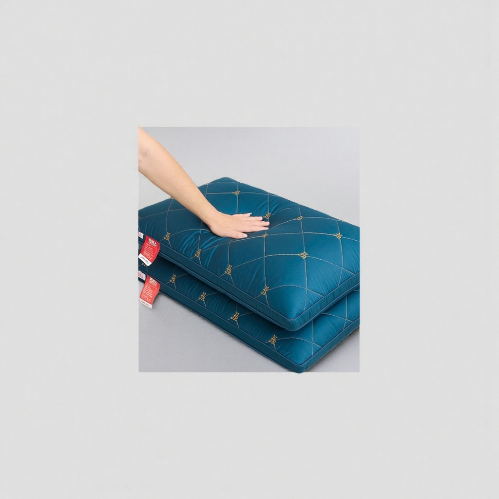 The deep blue diamond-patterned high-elastic and fluffy pillow shows its rebound effect when pressed by hand Application Scenario