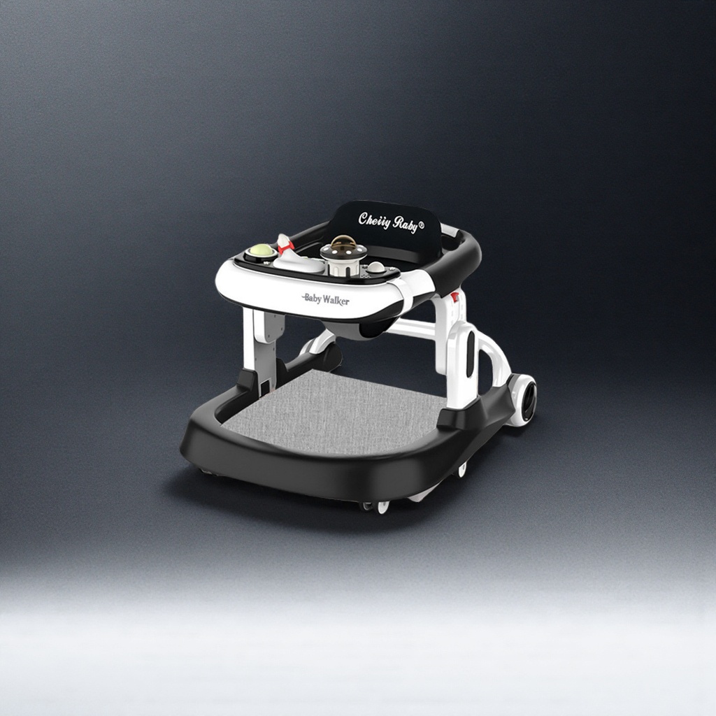 The black and white baby walker is adjustable in height, equipped with music, safe and stable