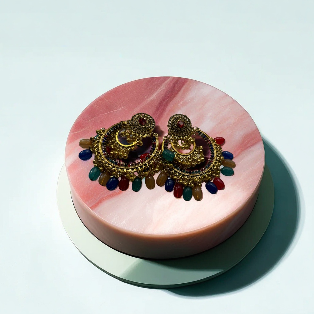 金色镂空雕花耳环镶嵌红蓝绿橙色珠饰图