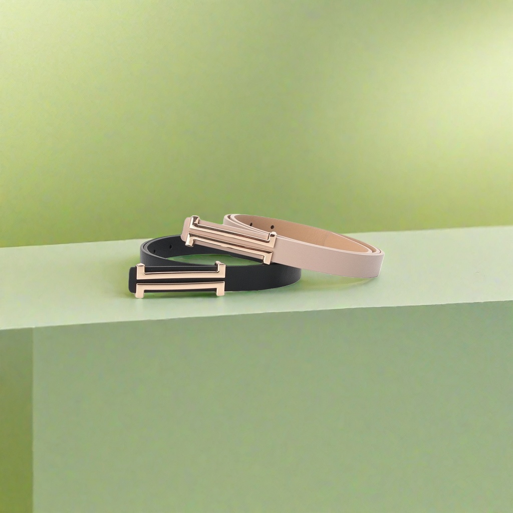 Black and beige two-tone belt with golden H-shaped buckle, unisex genuine leather belt details Picture