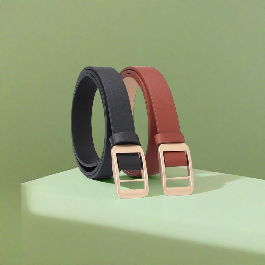 Black and brown leather belt with golden square buckle, unisexual genuine leather belt Specification image