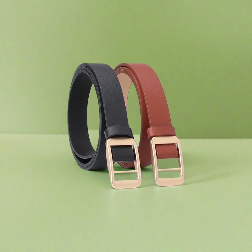 Black and brown leather belt with golden square buckle, unisexual genuine leather belt details Picture