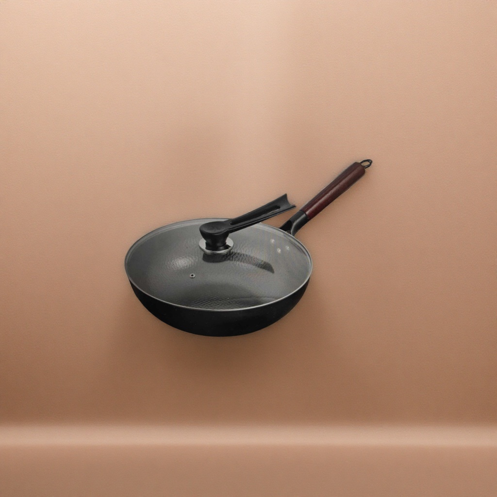 Black wok with glass lid, household non-stick frying wok with lid, kitchen cookware