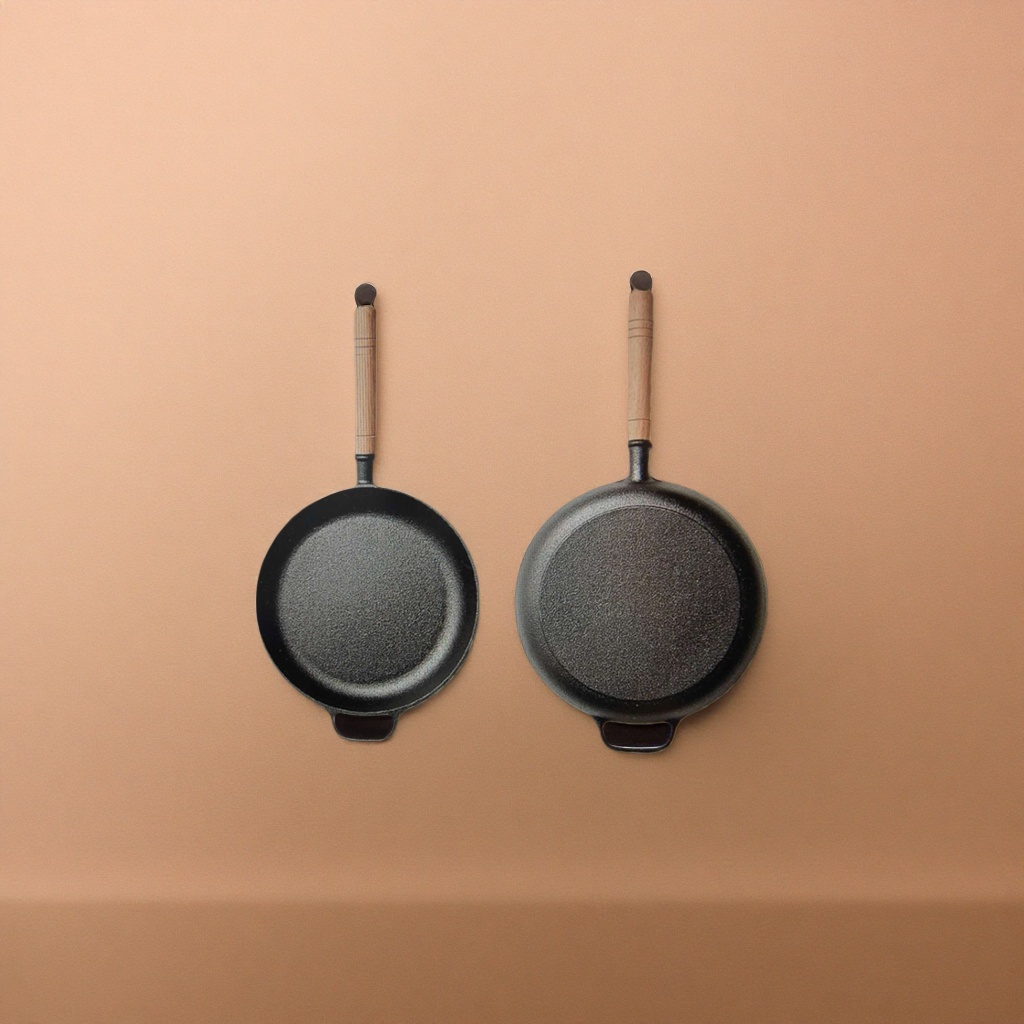 A black cast iron pot with a wooden handle is a household kitchen utensil for frying, stir-frying, stewing and boiling details Picture