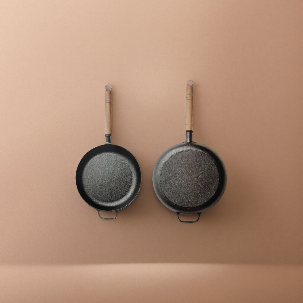 A black cast iron pot with a wooden handle is a household kitchen utensil for frying, stir-frying, stewing and boiling Application Scenario
