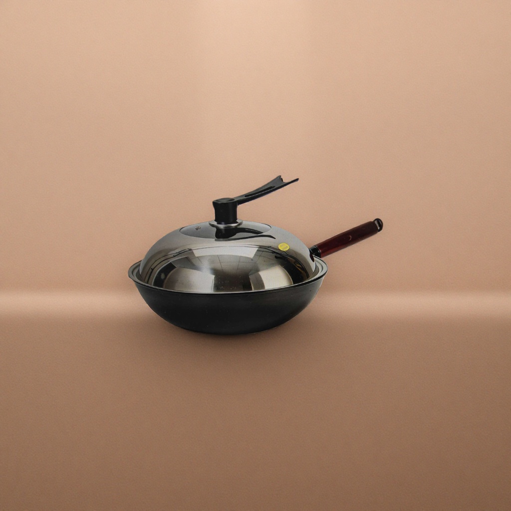 Black wok with transparent glass lid, household non-stick frying wok with lid, kitchen cookware details Picture