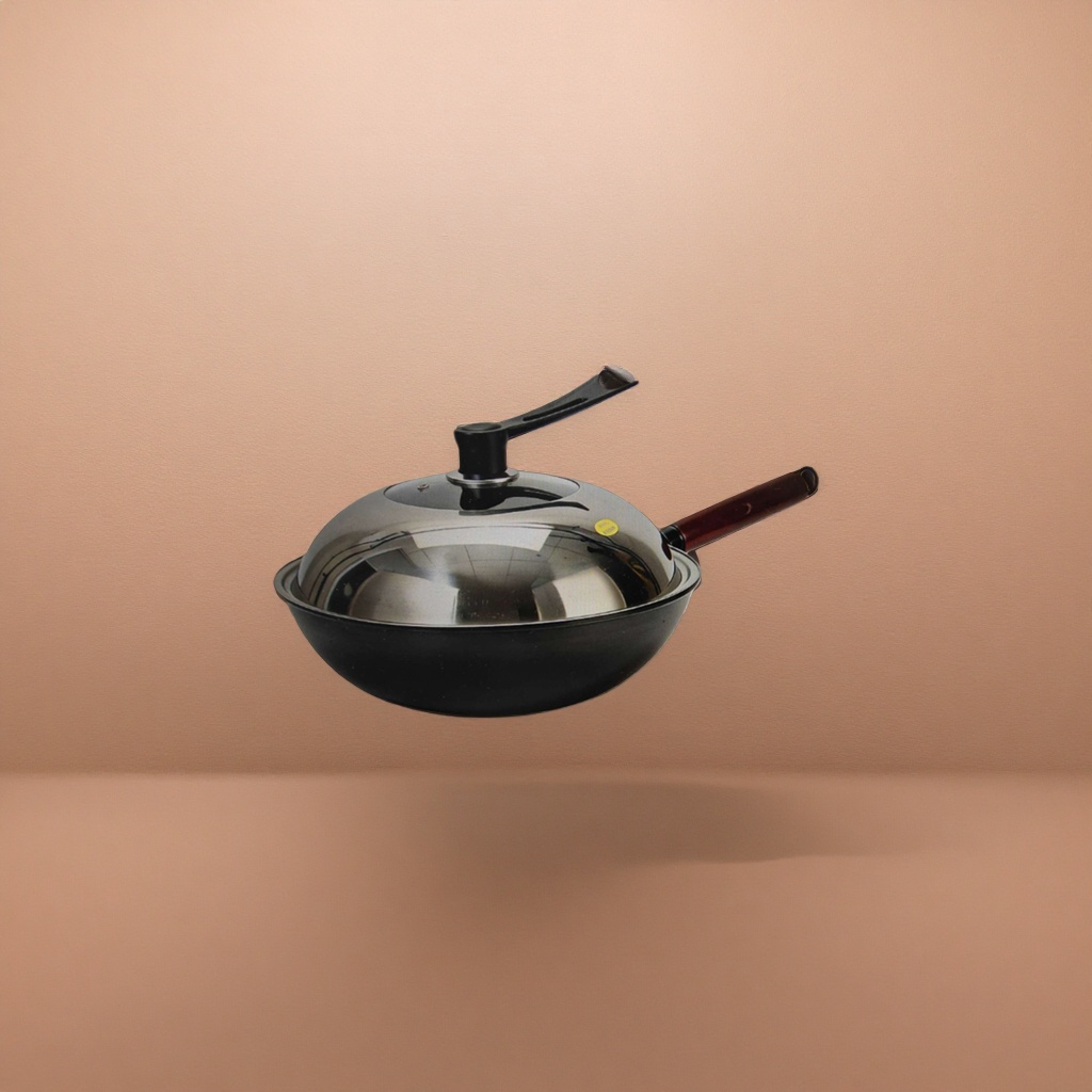 Black wok with transparent glass lid, household non-stick frying wok with lid, kitchen cookware Specification image