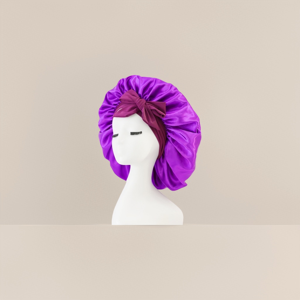 紫色丝质睡帽配酒红色蝴蝶结头巾 女士家居睡眠用品