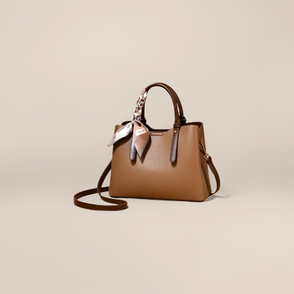ويمكن تفكيك حقائب اليد ذات الملمس البني مع وشاح منسوج Specification image