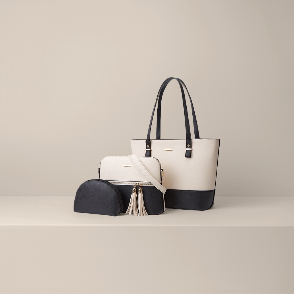 Beige, white and black two-tone handbag set, a versatile and fashionable single-shoulder crossbody bag for women's commuting