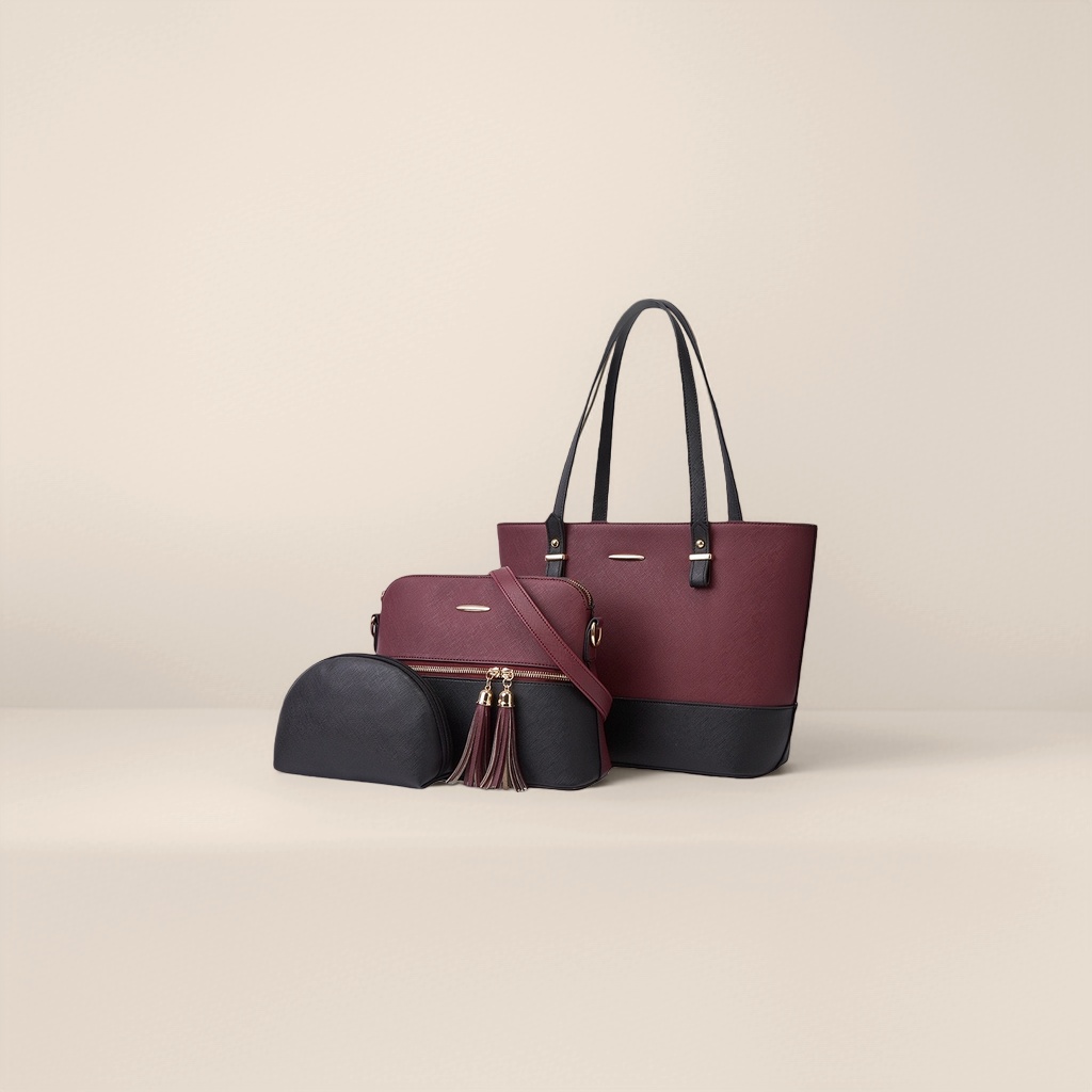 A wine red and black color-blocked handbag set for women's fashionable commuting single-shoulder bag