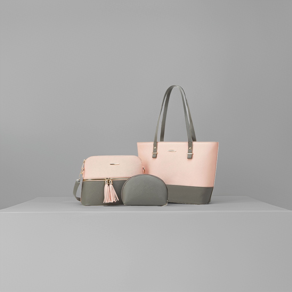 Pink and gray color-block handbag set, large tote bag, crossbody bag, round cosmetic bag Specification image