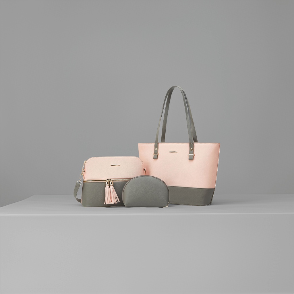 Pink and gray color-block handbag set, large tote bag, crossbody bag, round cosmetic bag details Picture