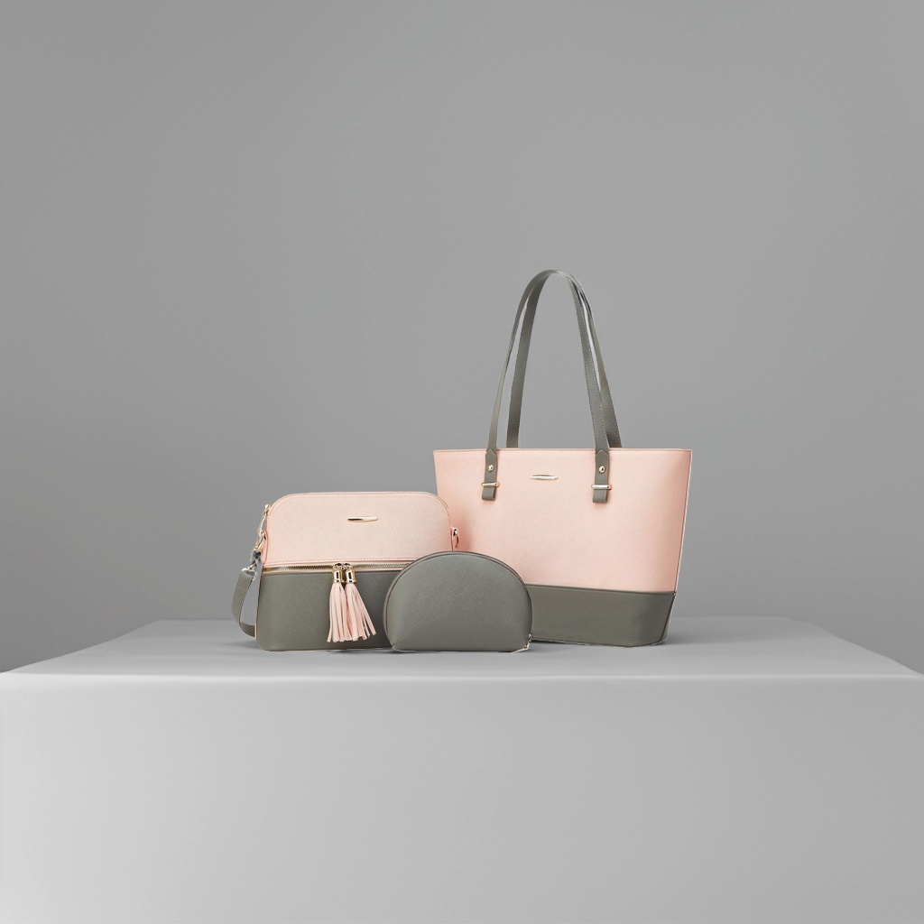 Pink and gray color-block handbag set, large tote bag, crossbody bag, round cosmetic bag Application Scenario