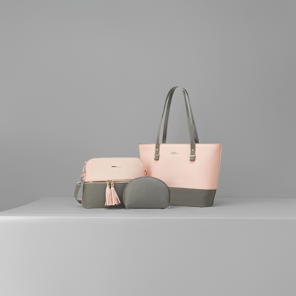 Pink and gray color-block handbag set, large tote bag, crossbody bag, round cosmetic bag