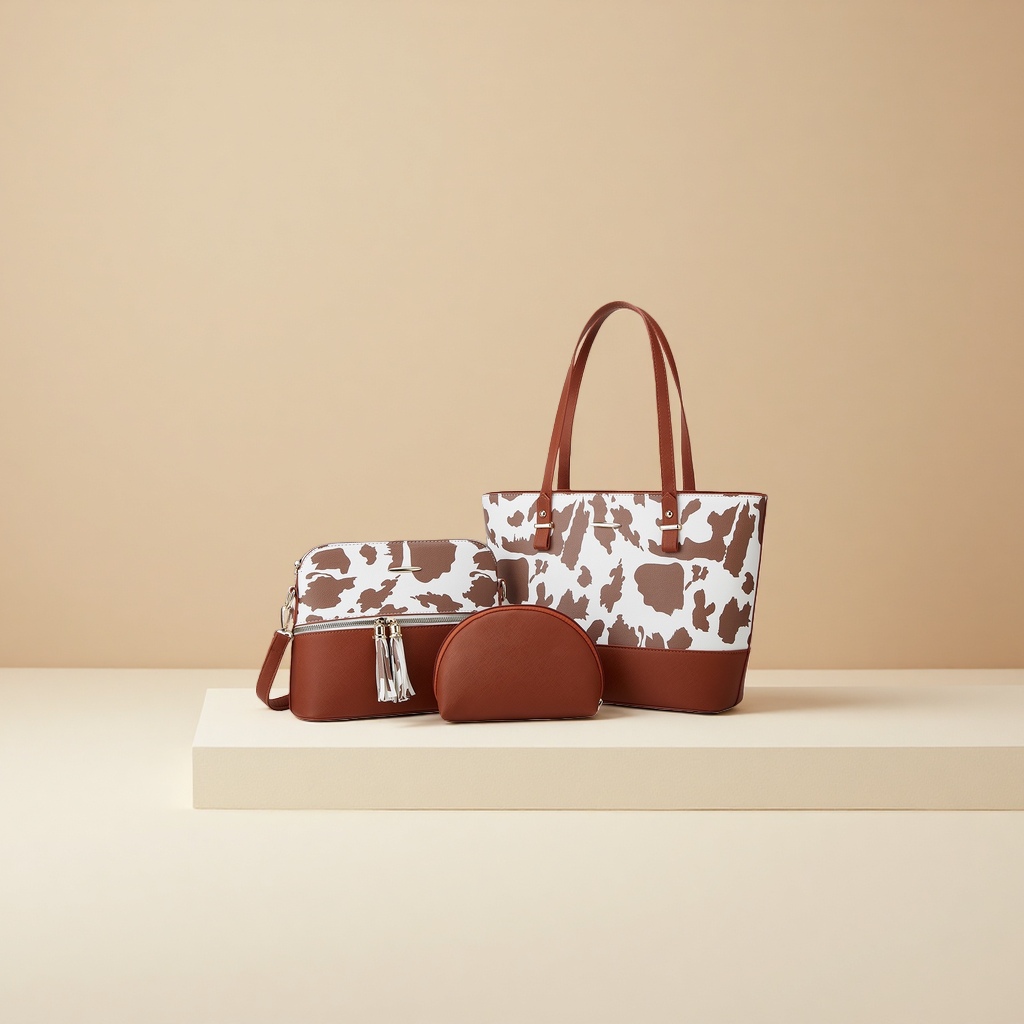 Brown cowhide textured handbag set, a large-capacity, light luxury business gift for women's commuting