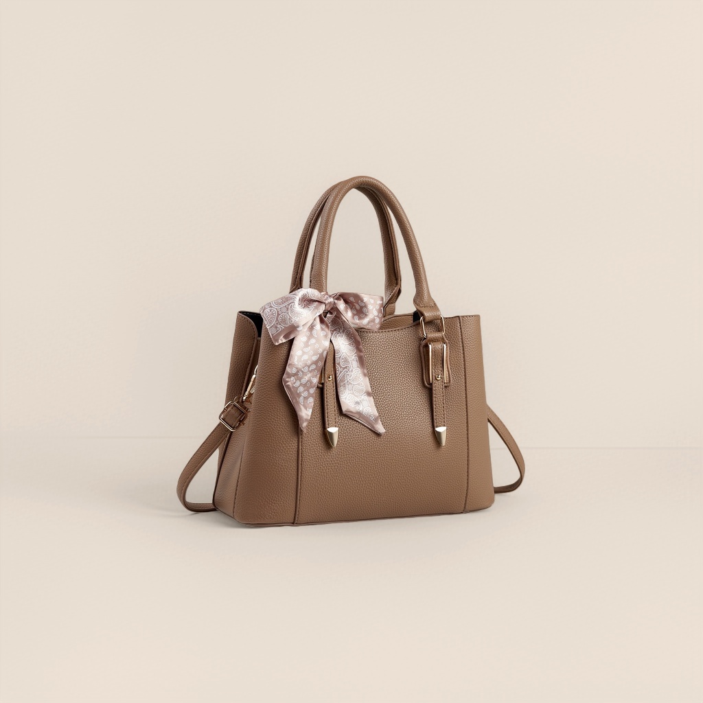 A fashionable commuting bag for women with a brown textured handbag and a white patterned silk scarf bow Specification image