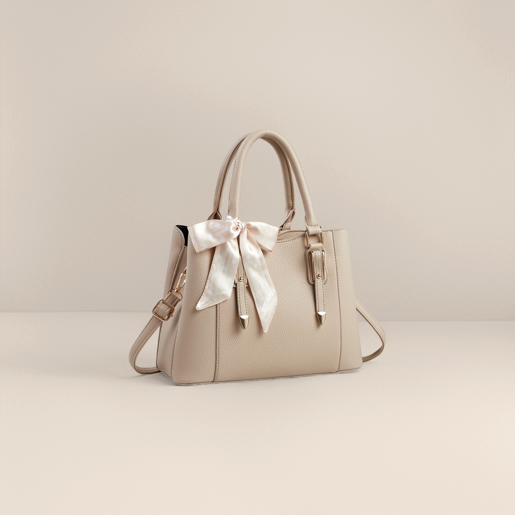 حقيبة يد البيج ذات منديل حرير مع حقيبة سفر المرأة Specification image